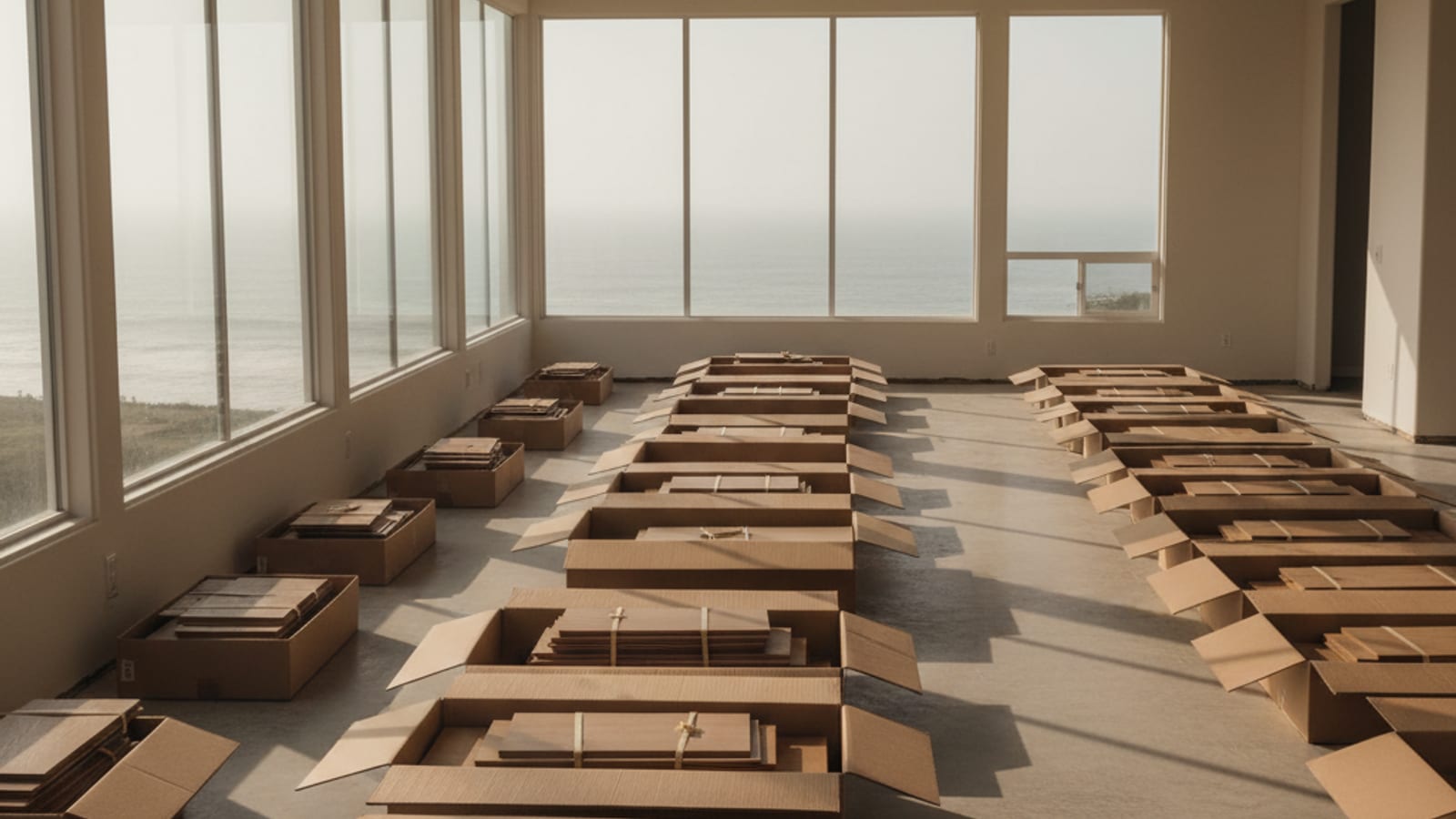 Stacks of solid hardwood flooring boxes opened and cross-stacked for acclimation in a coastal San Diego home