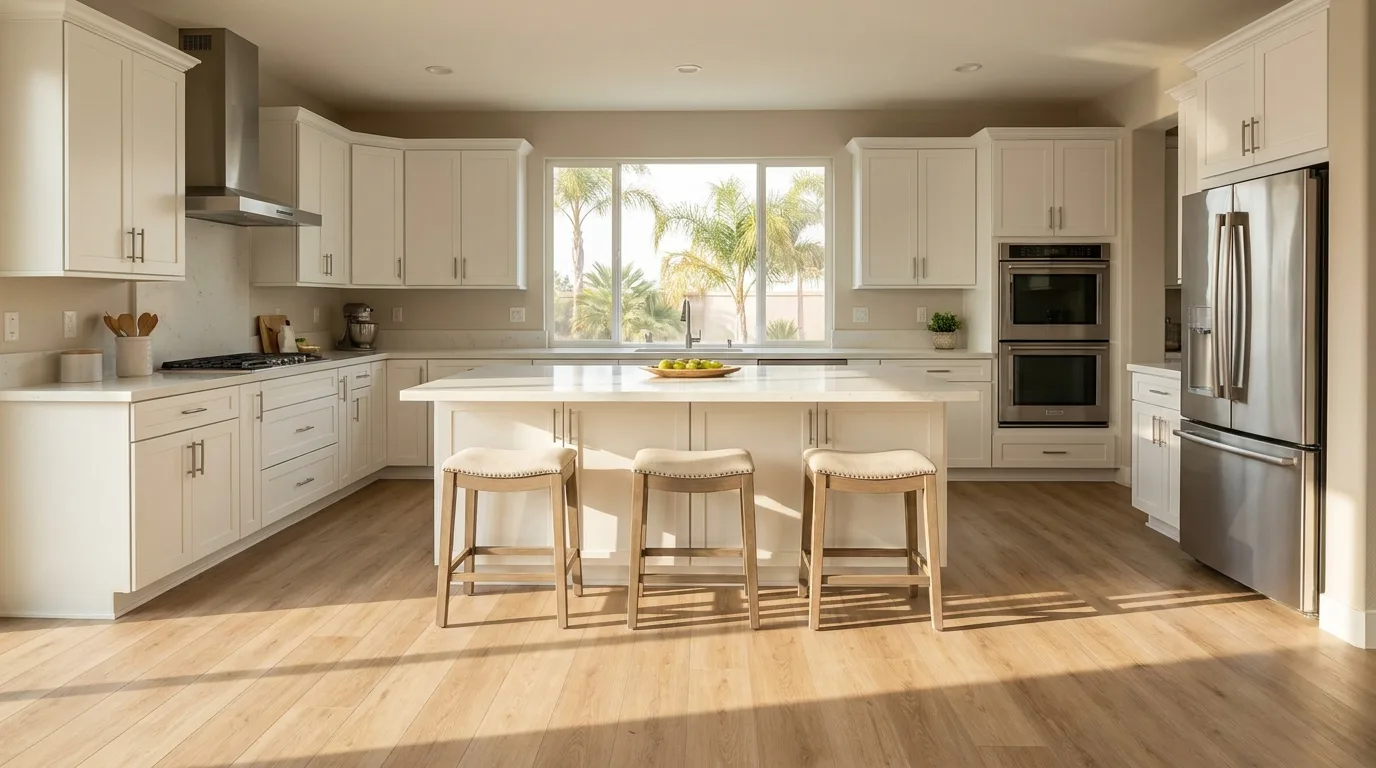 Newly installed luxury vinyl plank flooring in a bright modern San Diego kitchen