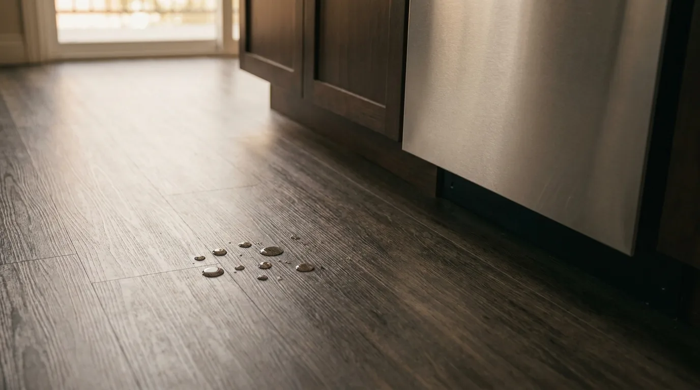 Close-up of waterproof plank flooring being installed in a San Diego kitchen