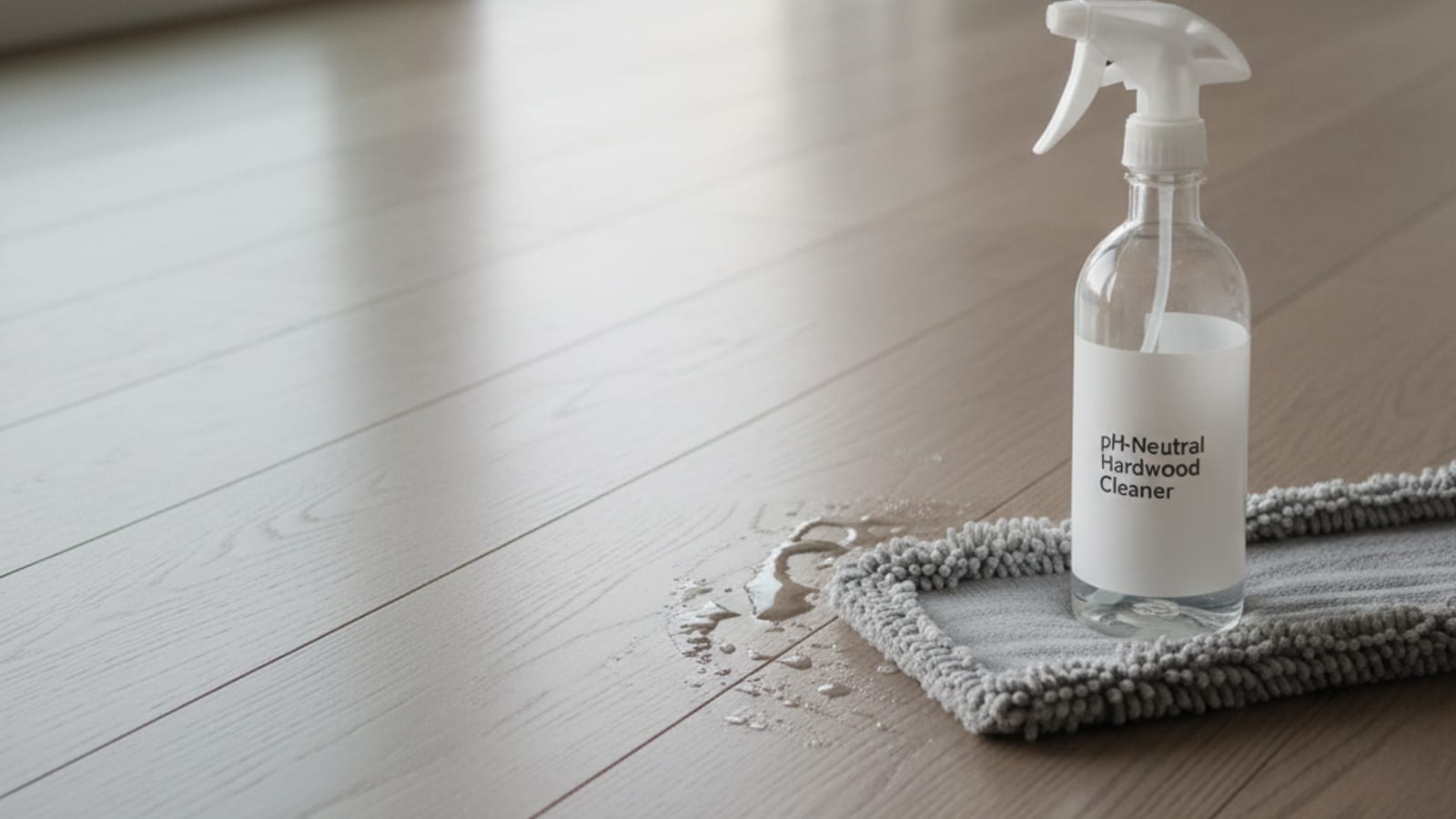 Microfiber pad and pH-neutral hardwood cleaner on a freshly mopped white oak floor