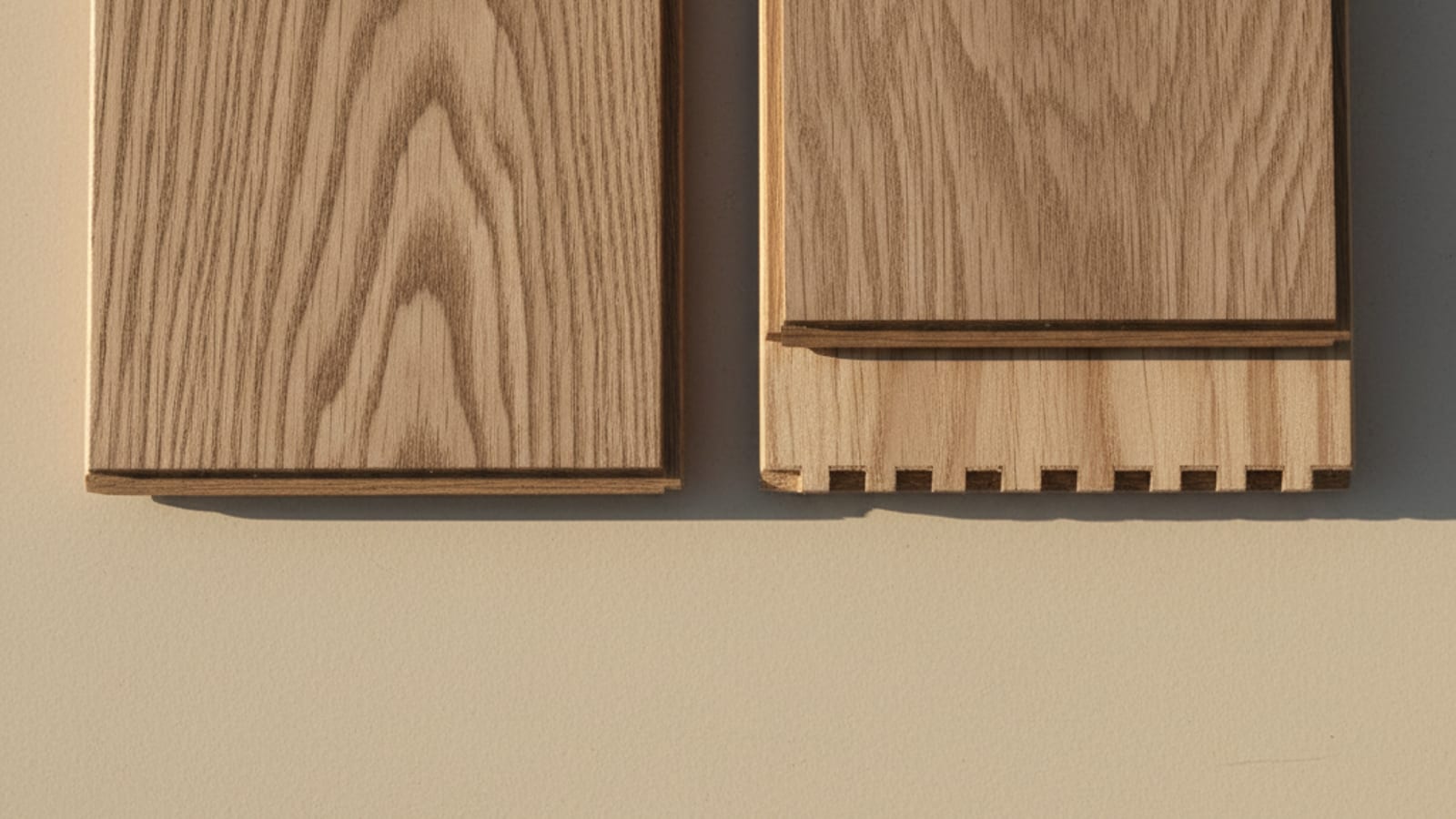 Side-by-side cross-section of engineered hardwood vs. solid hardwood plank construction