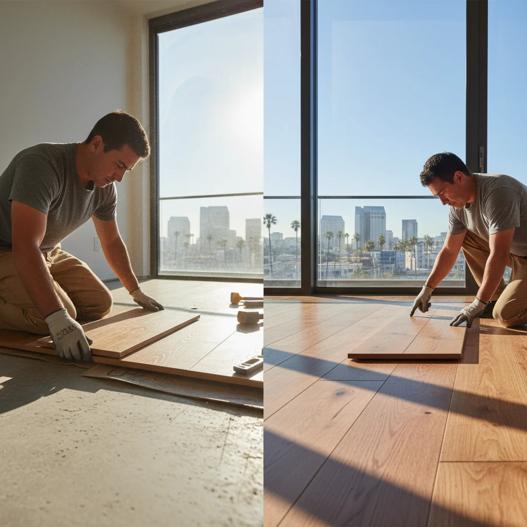 Engineered white oak planks being glued down over a concrete slab in a San Diego home