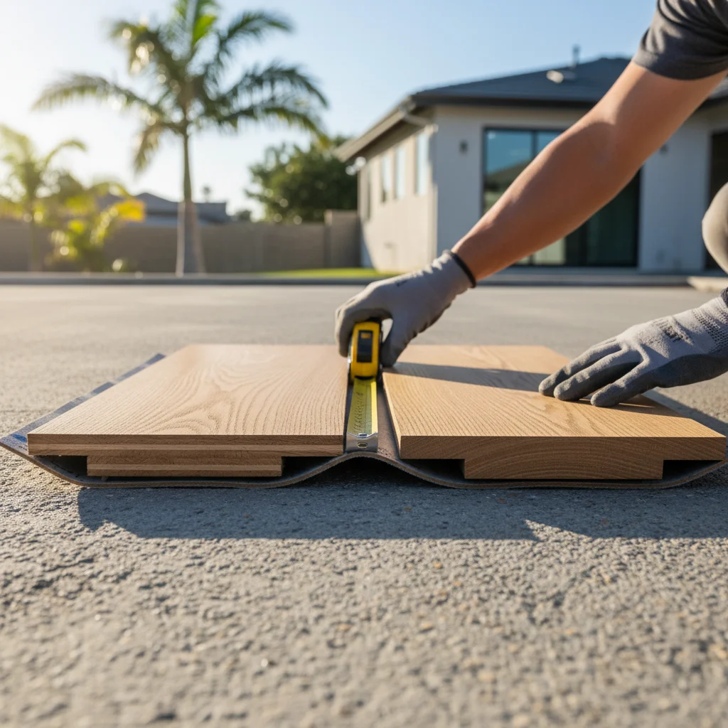 Engineered hardwood plank being fitted over a concrete slab in a San Diego home