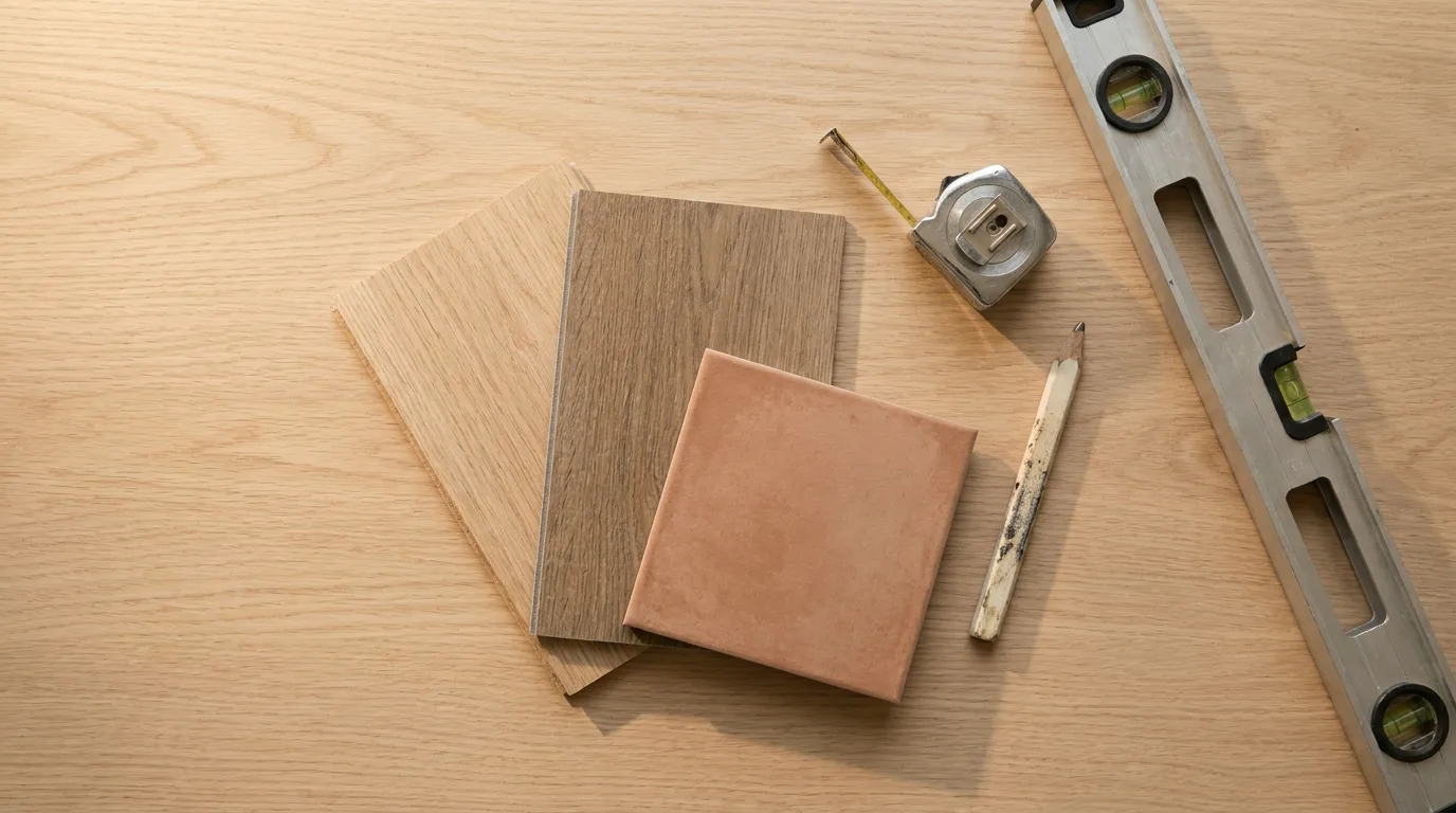 Flooring tools and plank samples laid out for a San Diego flooring cost estimate