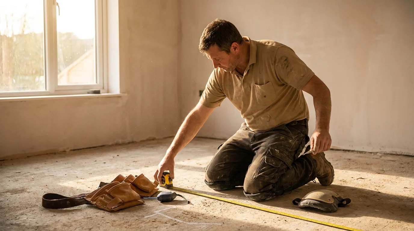 A flooring installer measuring a San Diego room with a tape measure during an estimate