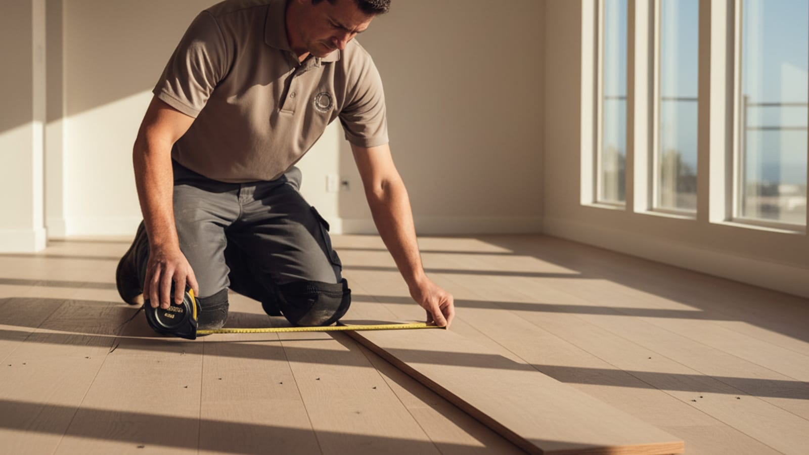Wide-plank white oak hardwood being measured during installation in a sunlit San Diego living room