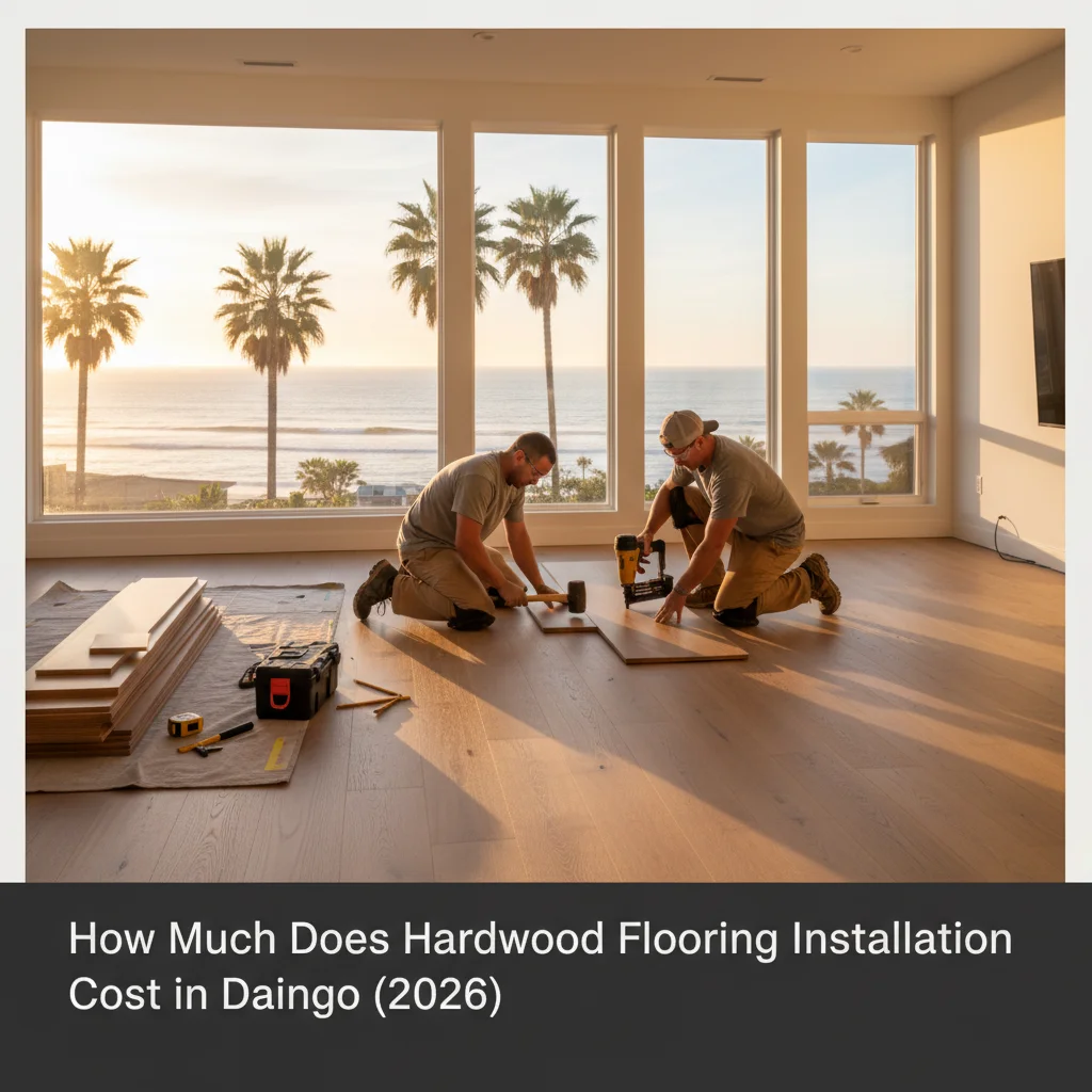 Flooring installer measuring wide-plank wood floor in a sunlit San Diego County living room
