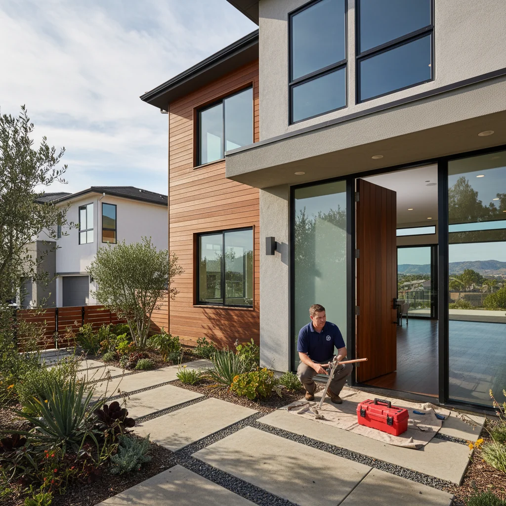 A beautiful modern home in a Chula Vista neighborhood like Eastlake, with dark hardwood floors visible through an open front door.