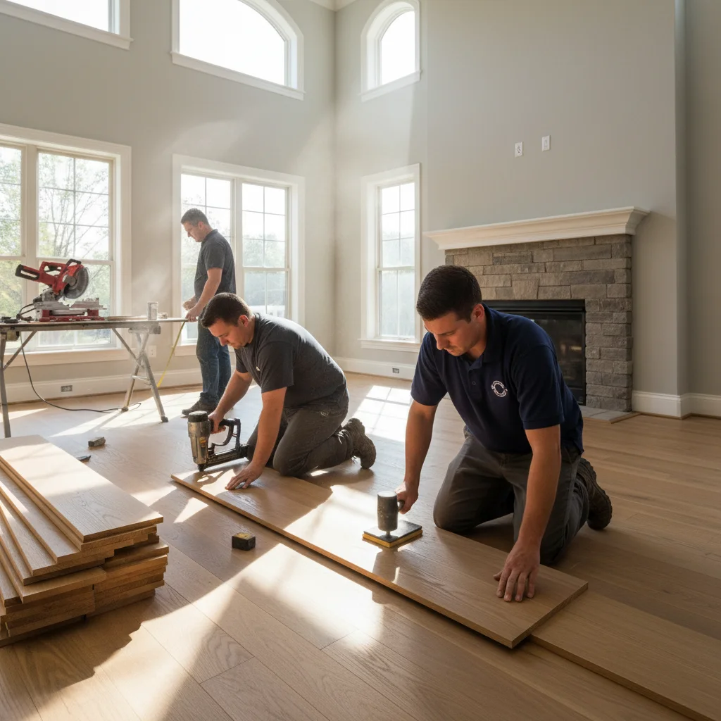 Installers laying down new oak hardwood flooring in a sunny room.
