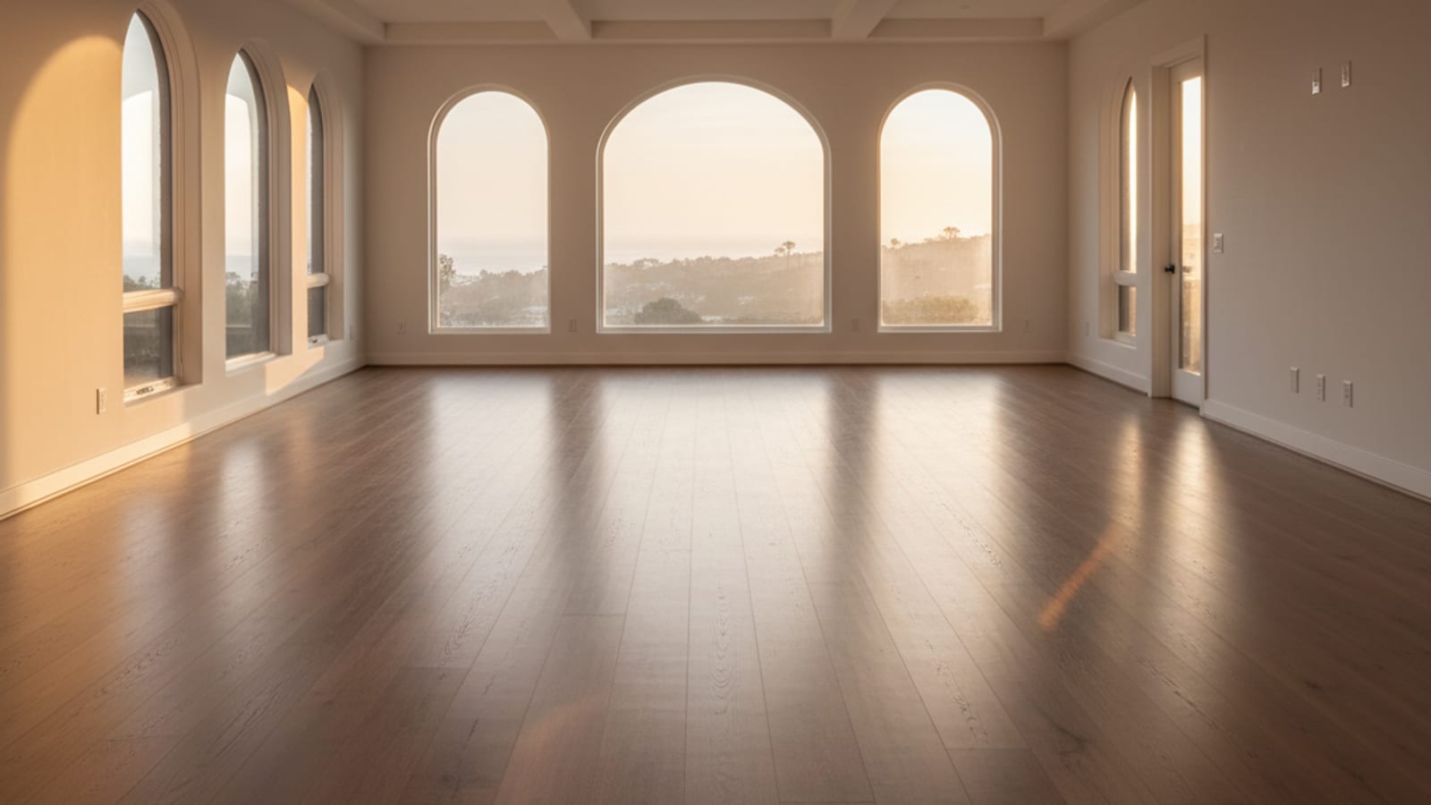 Refinished white oak hardwood floor catching morning light in a San Diego living room