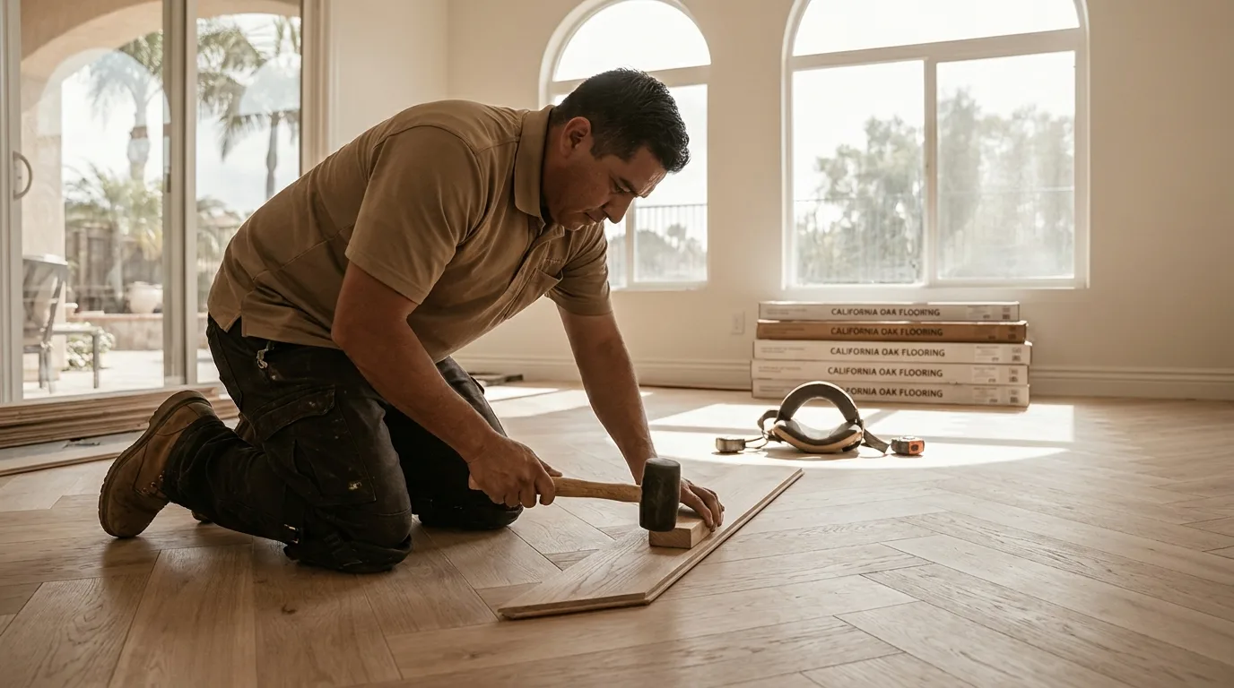 Herringbone-pattern white oak hardwood floor being installed in a San Diego home