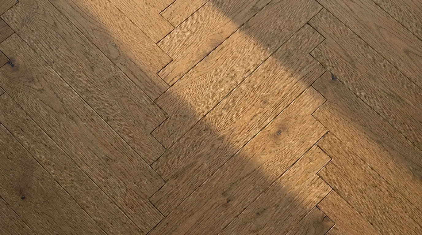 Close-up of a herringbone flooring pattern showing the angled plank joints