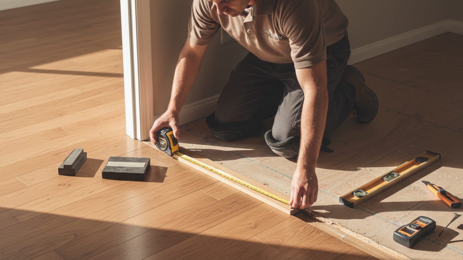 Flooring installer measuring a transition piece during a San Diego whole-house install