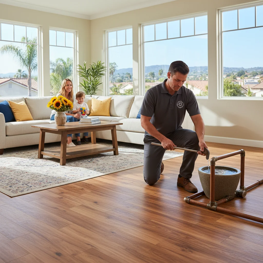 A San Diego living room with warm wood-look laminate flooring and large windows showing a sunny coastal neighborhood.