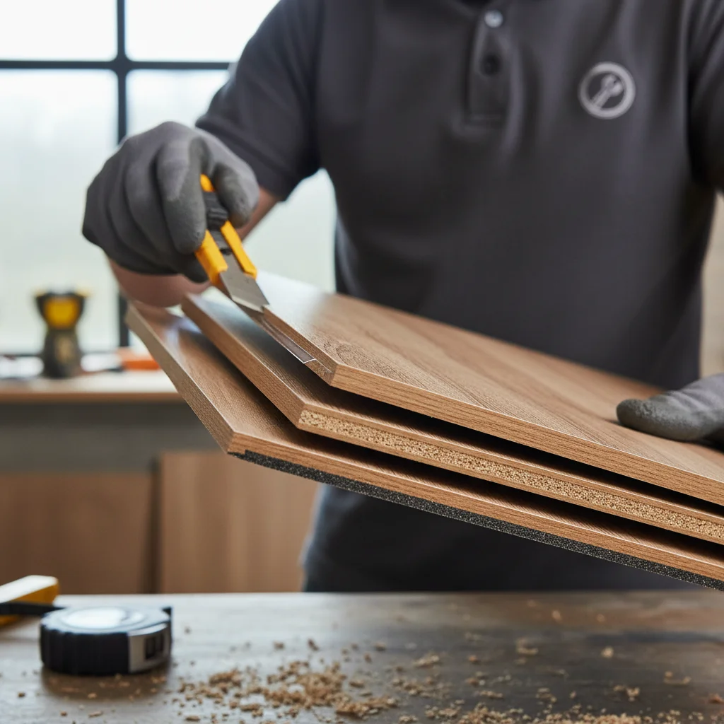 A cross-section image showing the different layers of a laminate plank: wear layer, design layer, core, and backing.