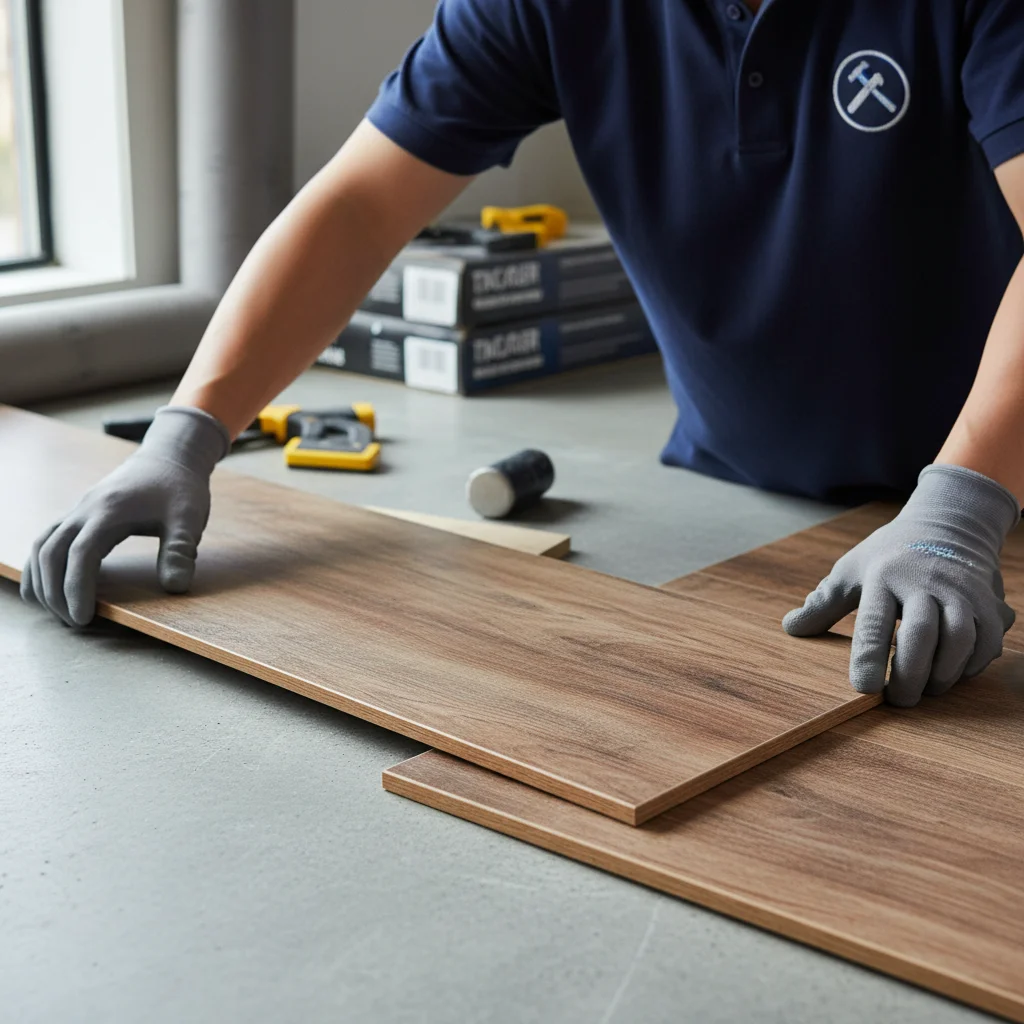 A flooring installer fitting vinyl flooring against a prepared concrete slab subfloor.