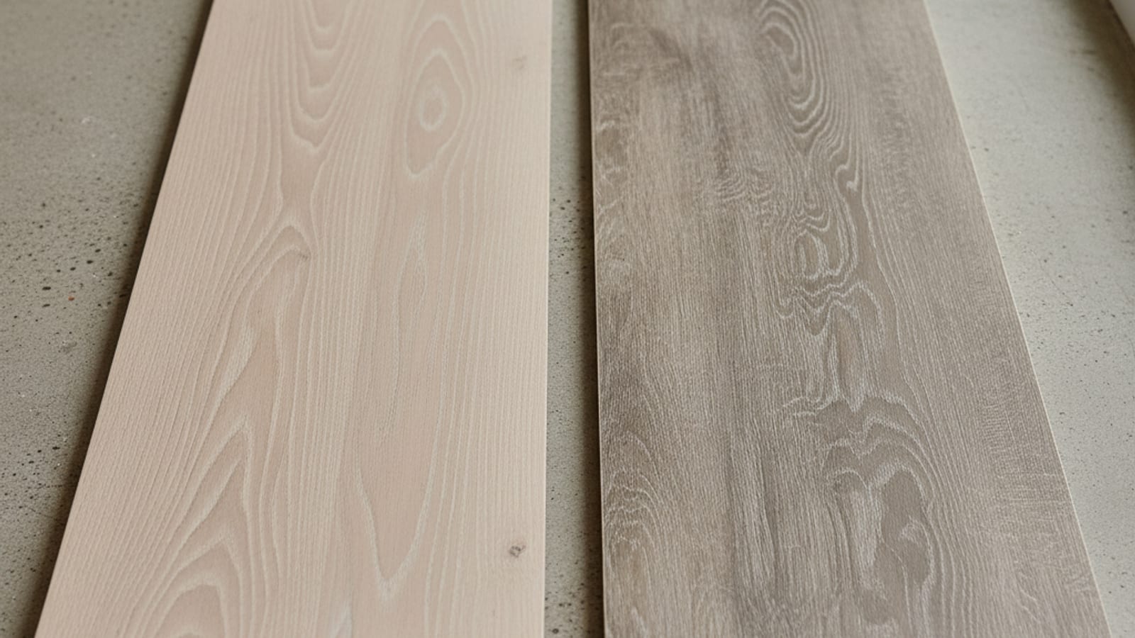 Side-by-side comparison of luxury vinyl plank and solid hardwood flooring in a San Diego living room