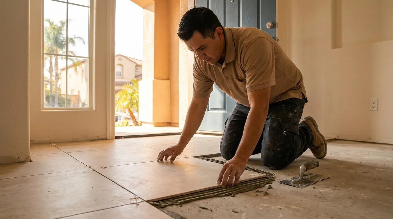 Large-format porcelain tile floor being installed in a San Diego home