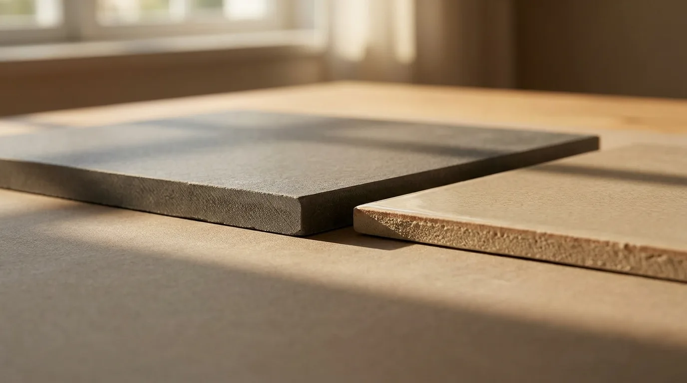 Porcelain and ceramic tile samples side by side showing the edge thickness difference