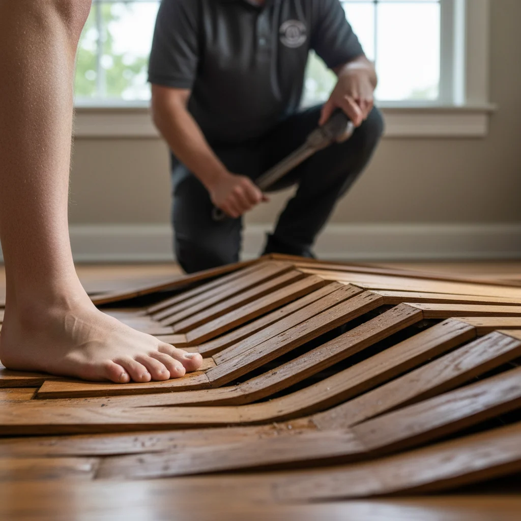 A homeowner's foot next to a warped and buckled section of a hardwood floor, indicating significant damage.