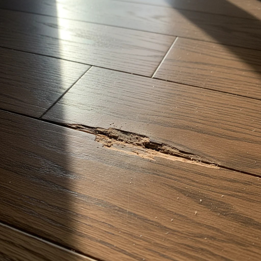 A close-up of a deep scratch across several planks of an engineered hardwood flo