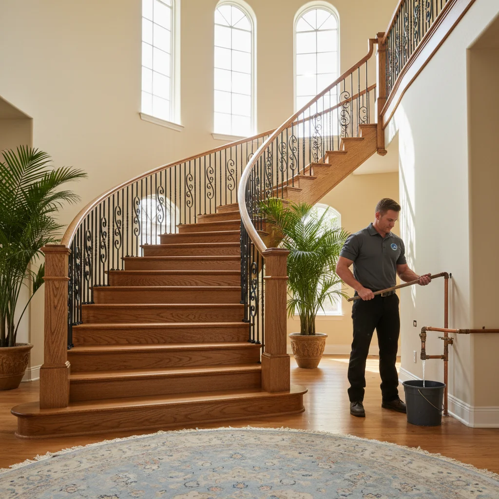 A beautifully finished oak staircase in a two-story San Diego home, acting as a centerpiece