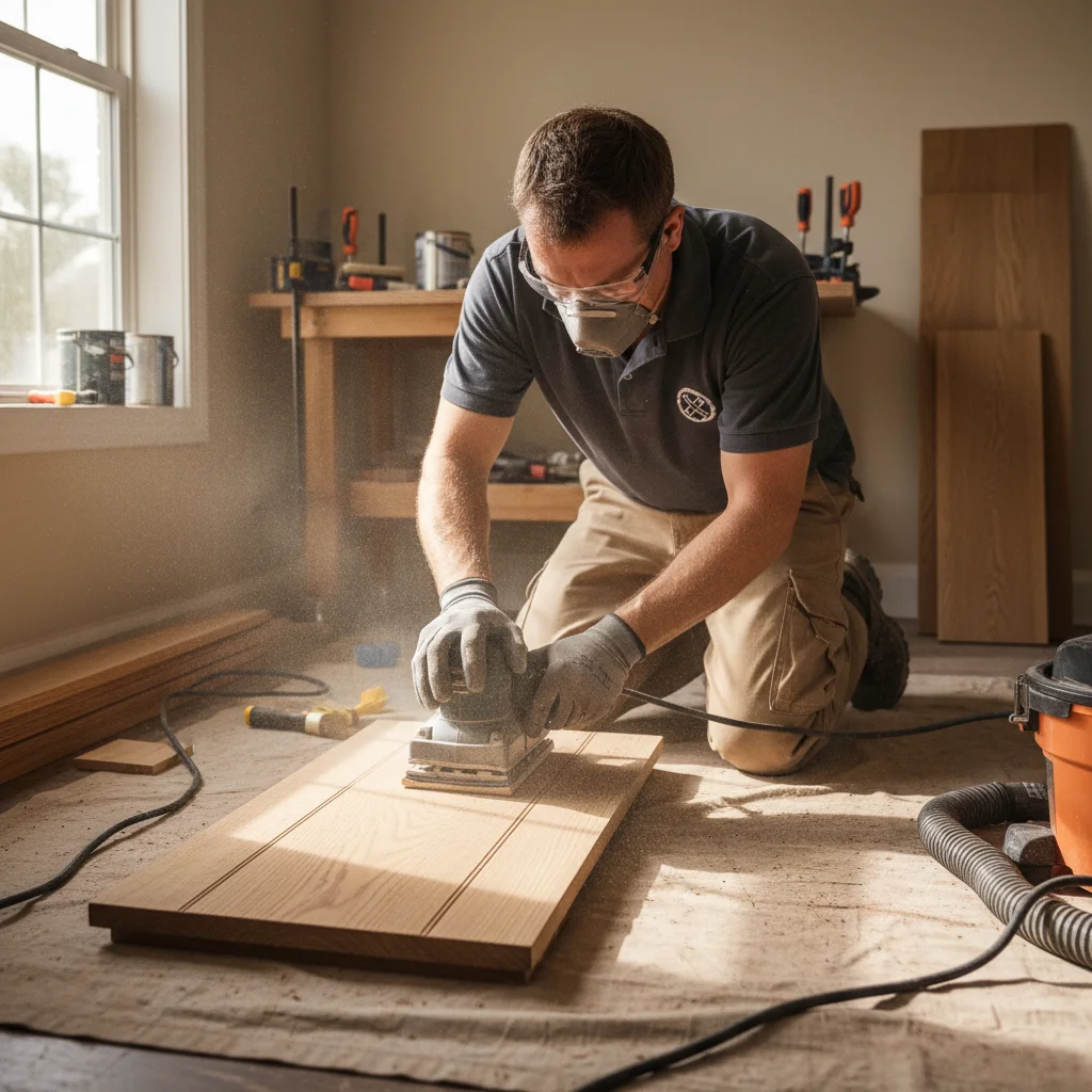 A detailed shot of a craftsman sanding a stair tread during a refinishing project