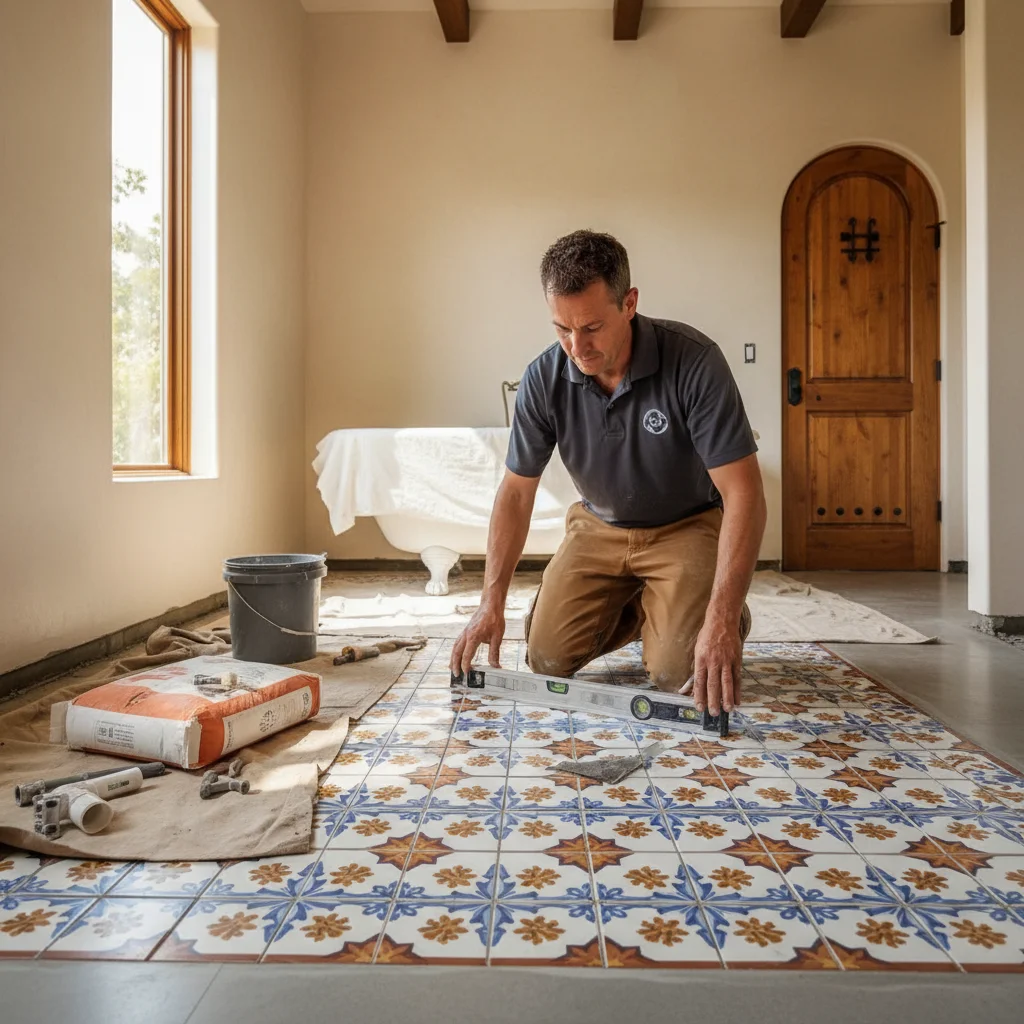 A beautiful, newly tiled bathroom floor in a Spanish-style home in San Diego, featuring classic patterned cement tiles.