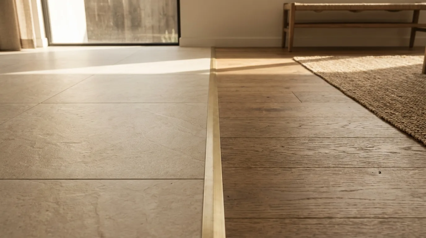 Tile flooring and hardwood flooring meeting at a transition in a San Diego home