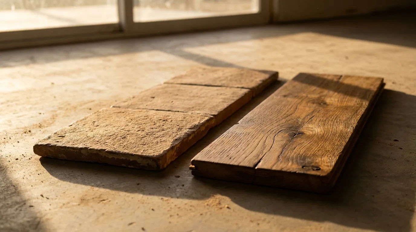 Tile and hardwood flooring samples side by side showing the difference in material