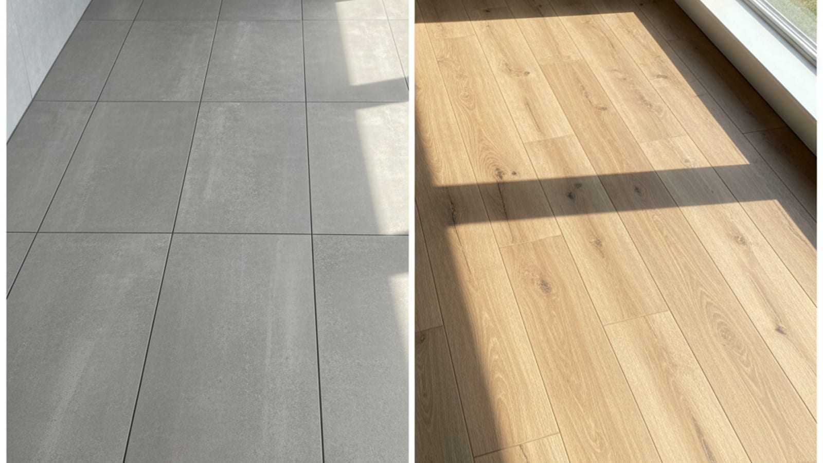 Side-by-side comparison of large-format porcelain tile and waterproof LVP in a San Diego bathroom