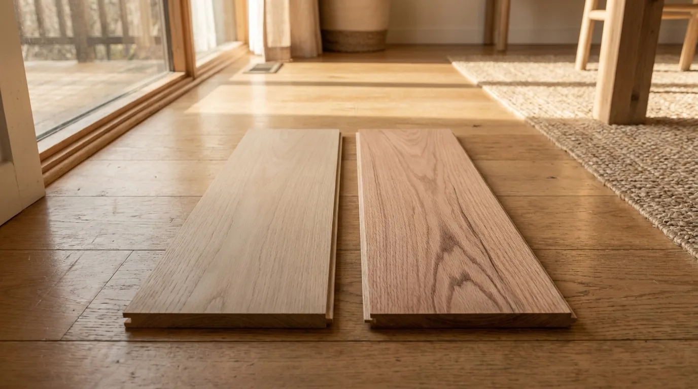 White oak and red oak hardwood plank samples side by side in San Diego daylight