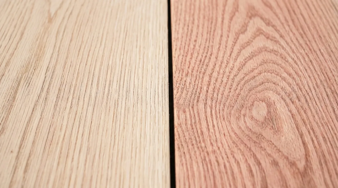 Close-up comparison of white oak grain next to red oak grain