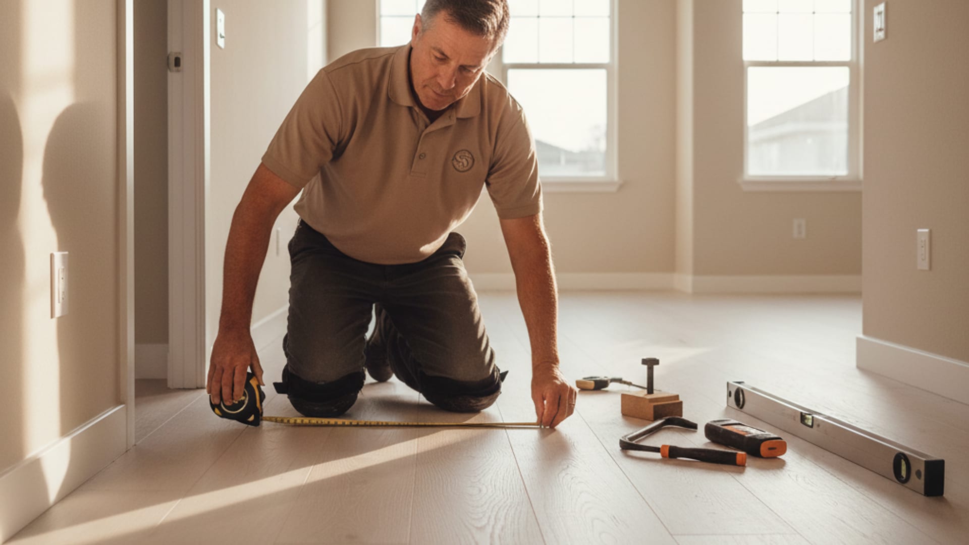 Flooring installer kneeling on a freshly installed white oak floor, measuring a transition piece with a tape measure