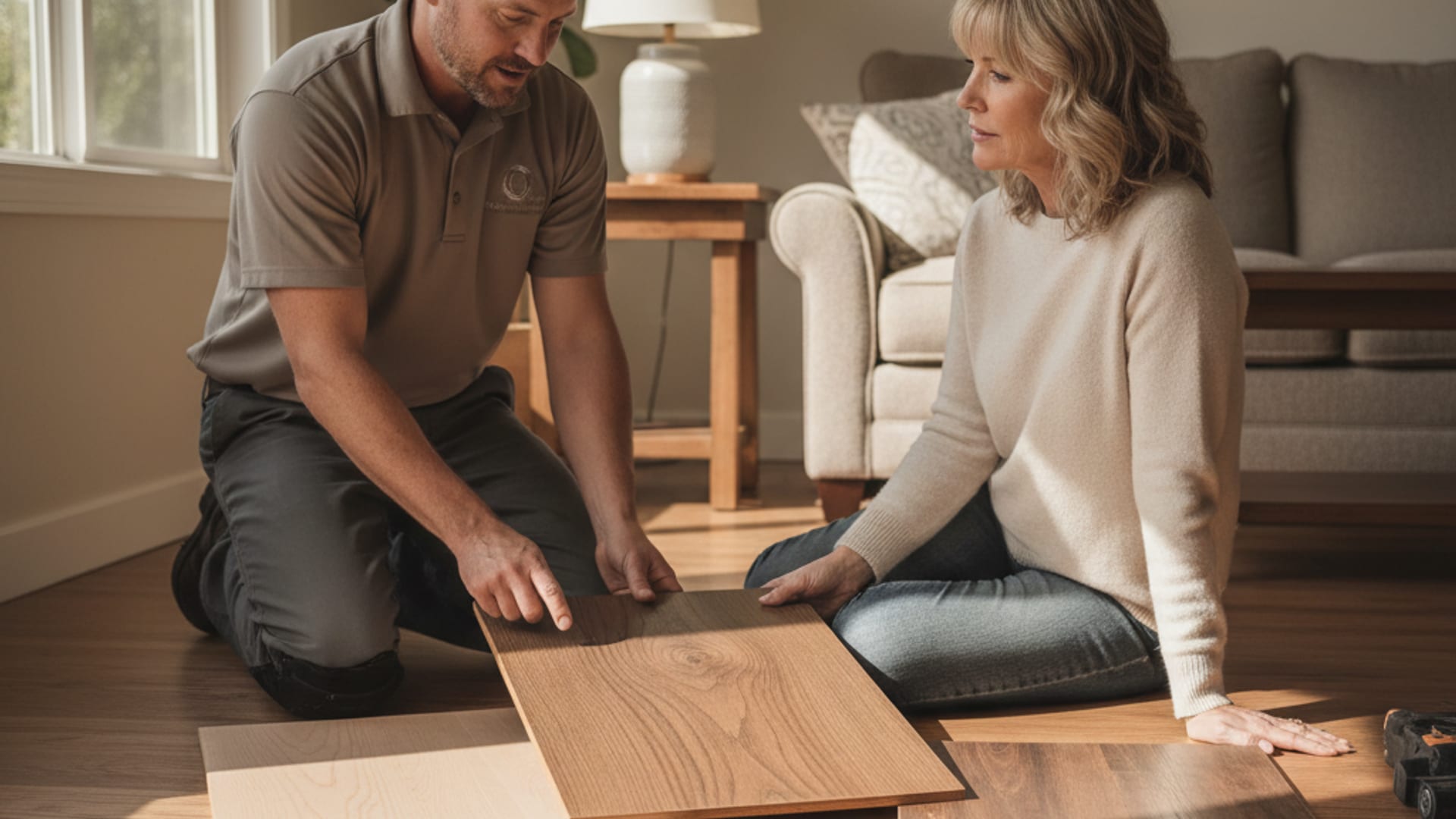 Flooring contractor showing product samples to a homeowner in a sunlit San Diego living room