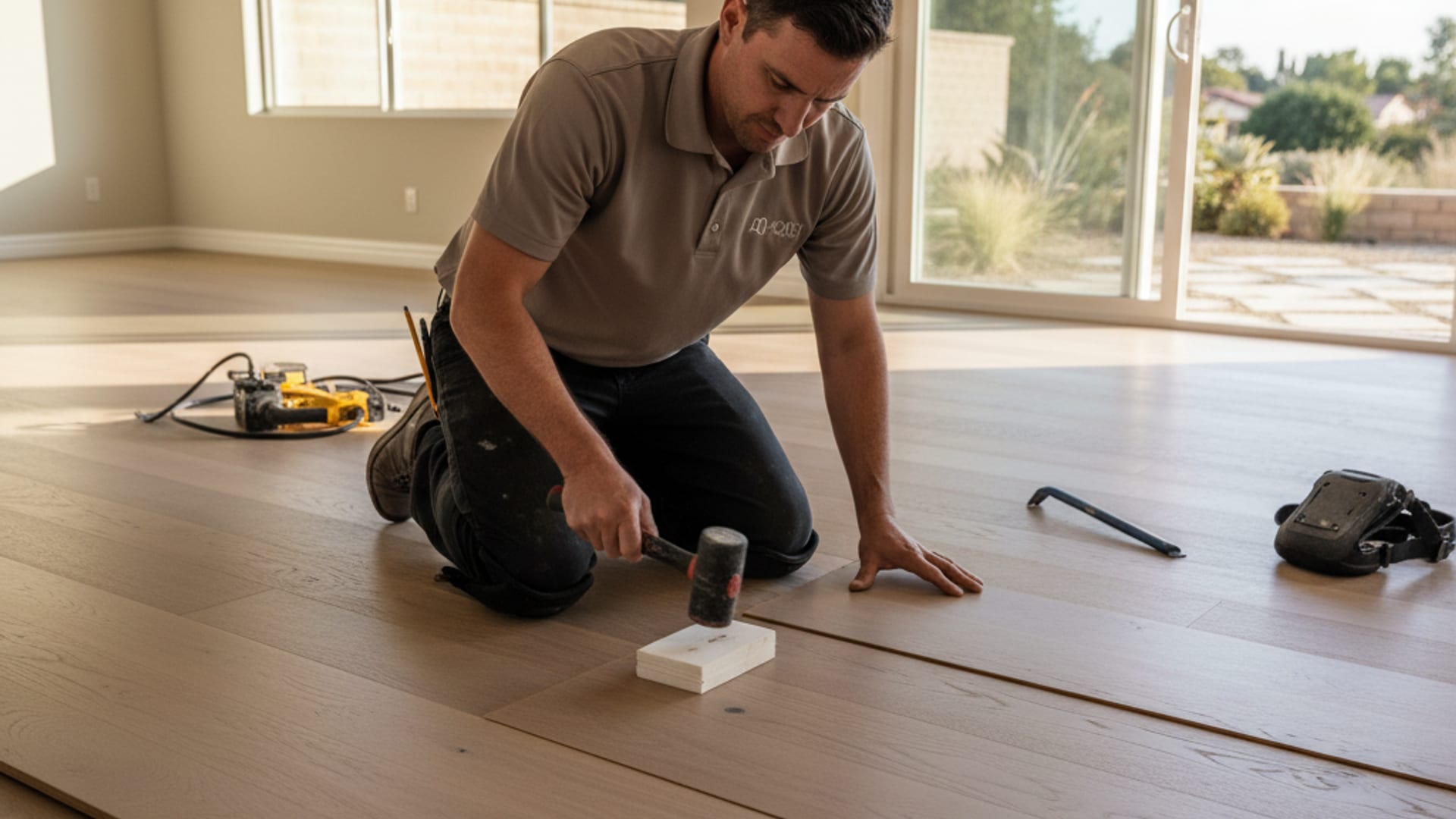 Wide-plank white oak hardwood being installed in a sunlit San Diego living room