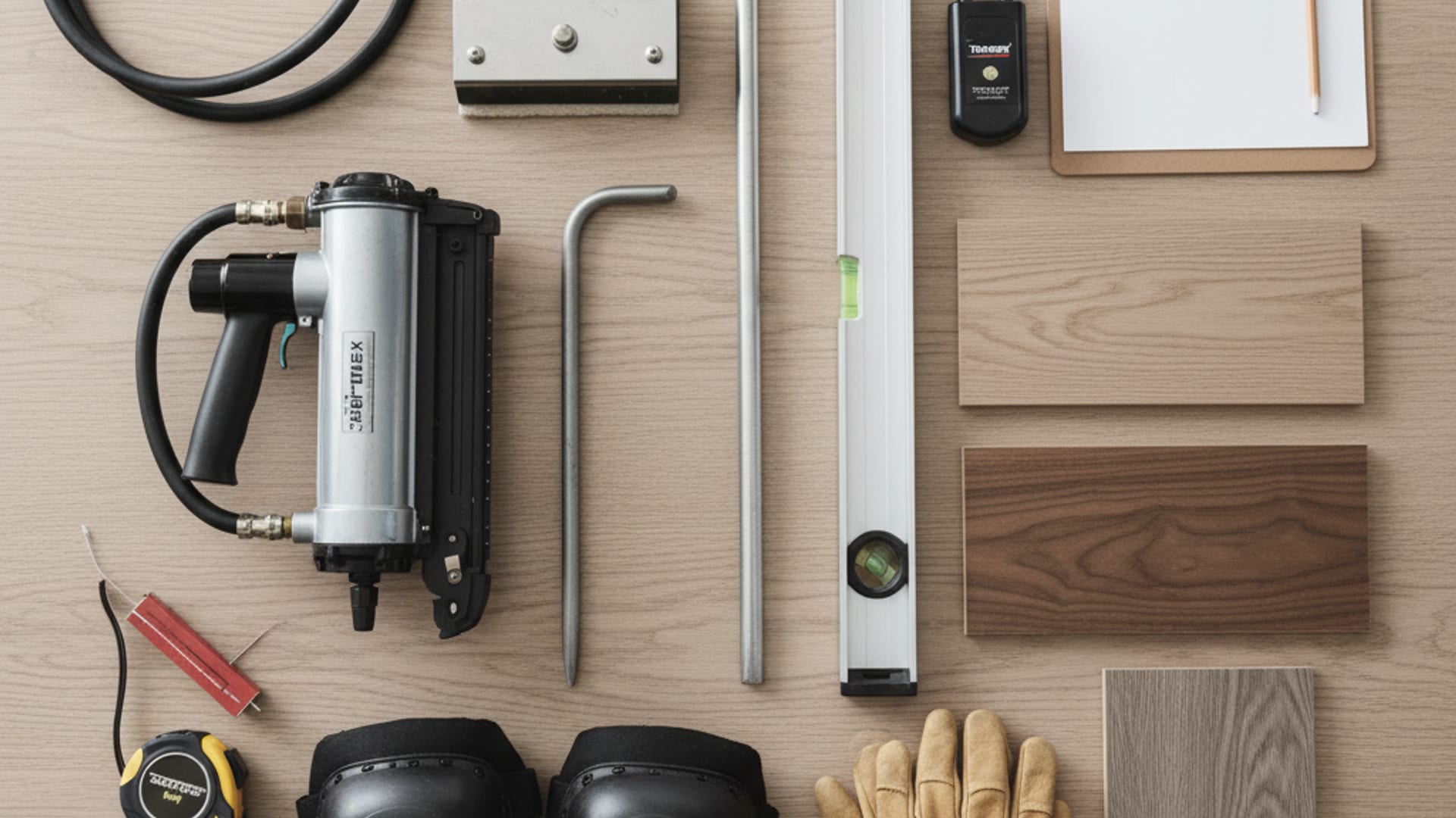 Overhead flat-lay of professional flooring tools — pry bar, tapping block, moisture meter, plank samples, and a level on a clean work surface