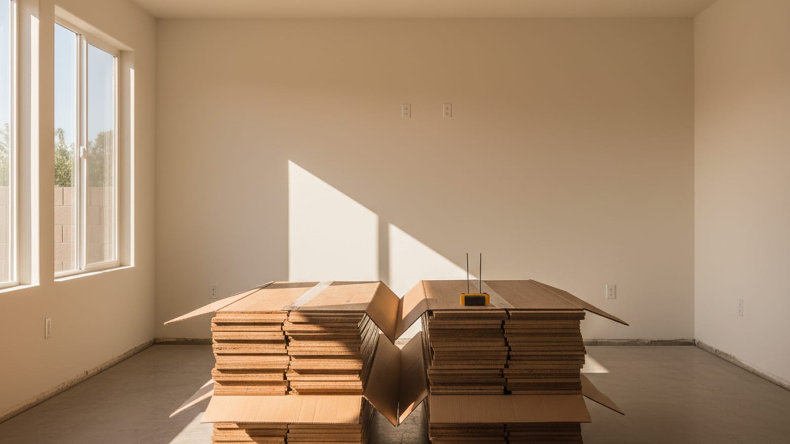 Stacks of solid hardwood flooring boxes opened and spaced for acclimation in a sunlit San Diego living room