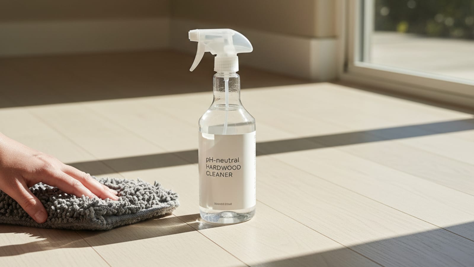 Spray bottle of pH-neutral hardwood cleaner and a microfiber pad on a freshly mopped white oak floor