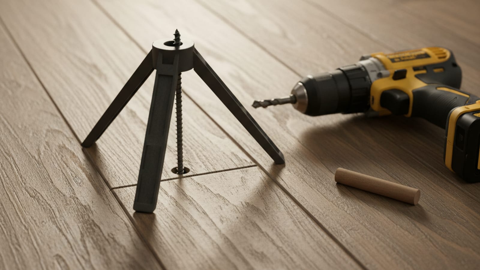 Squeeeeek-No-More tripod and breakaway screw set up on a hardwood floor next to a squeak-locating tool
