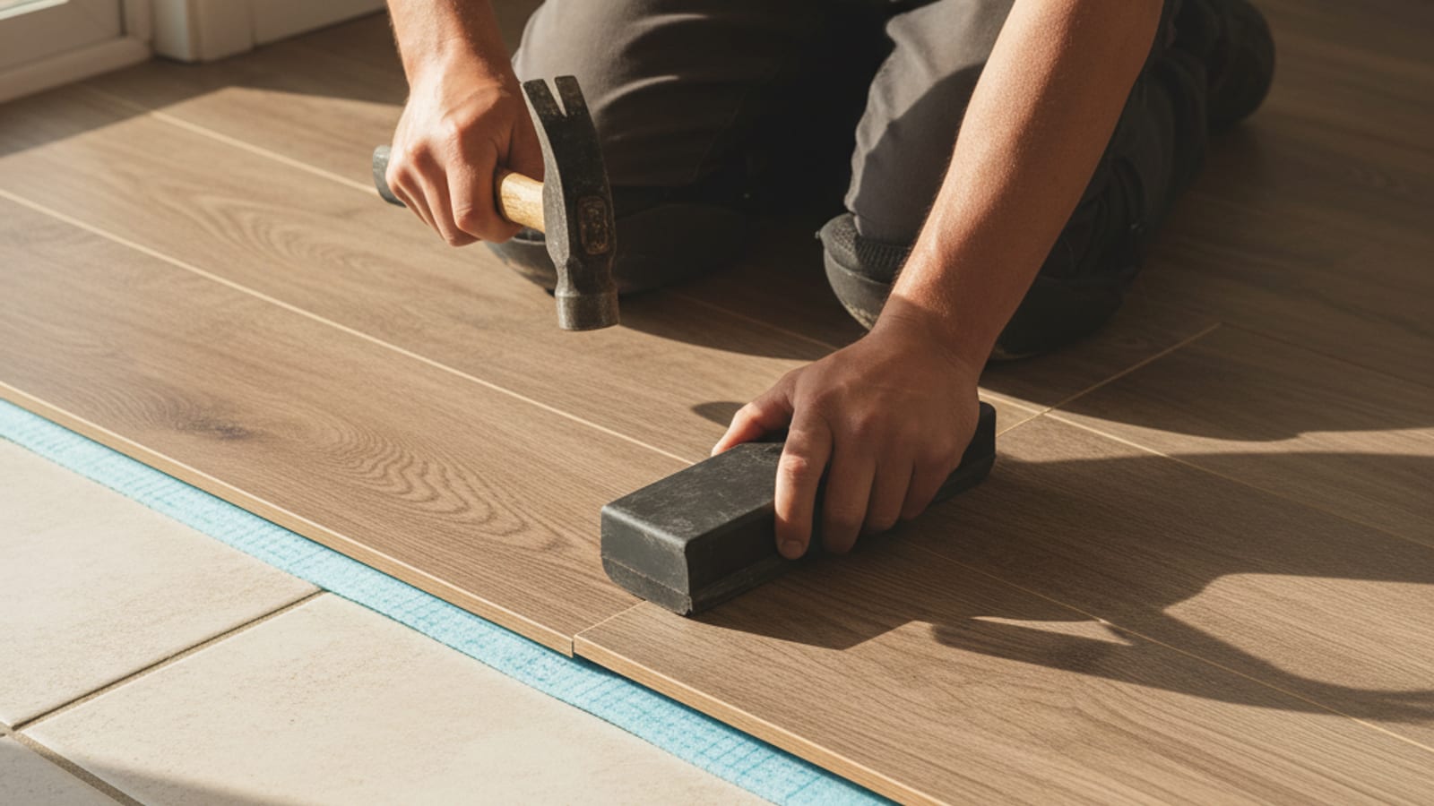 Rigid-core luxury vinyl plank being click-locked over an existing ceramic tile floor with a tapping block
