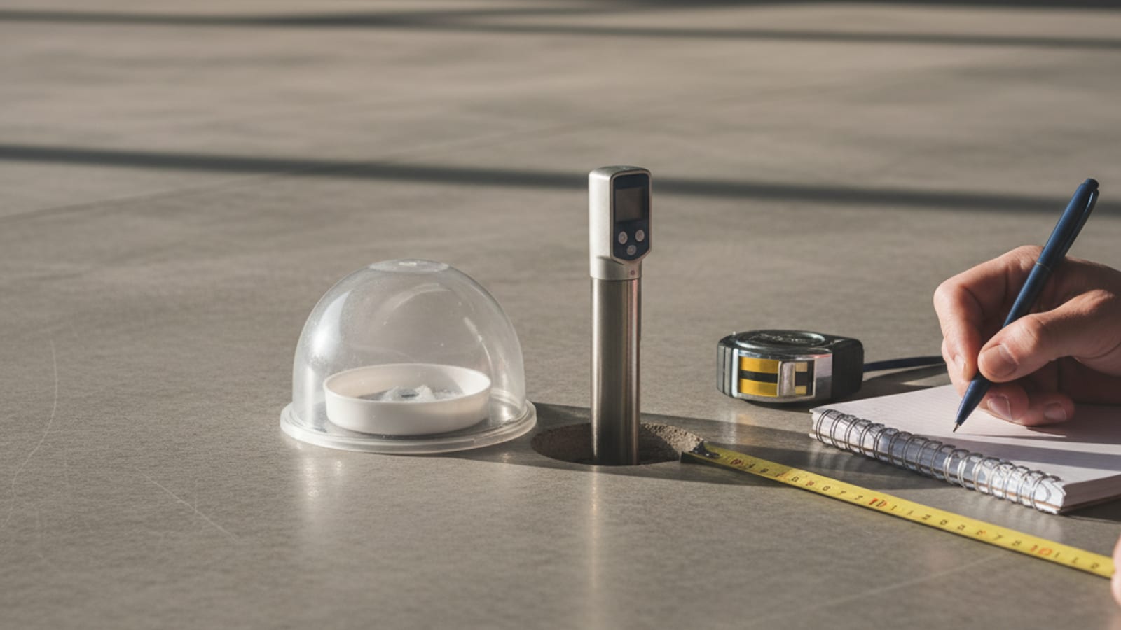 Calcium chloride moisture test kit and an in-situ relative humidity probe set up on a concrete slab
