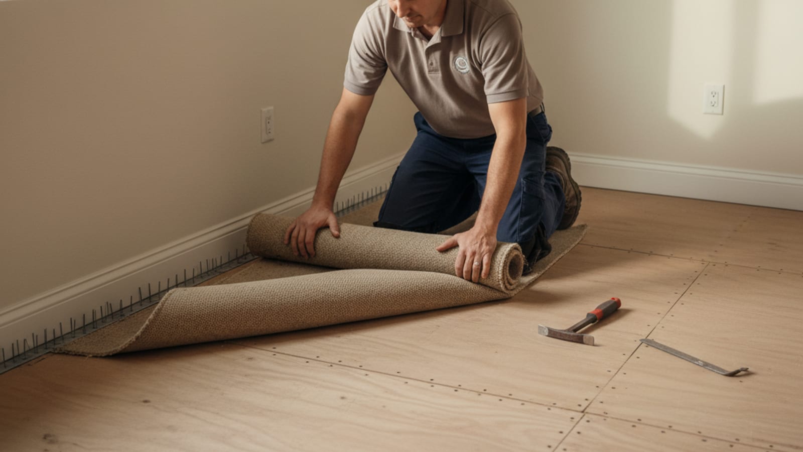 Old carpet being rolled and removed to expose plywood subfloor in a San Diego bedroom