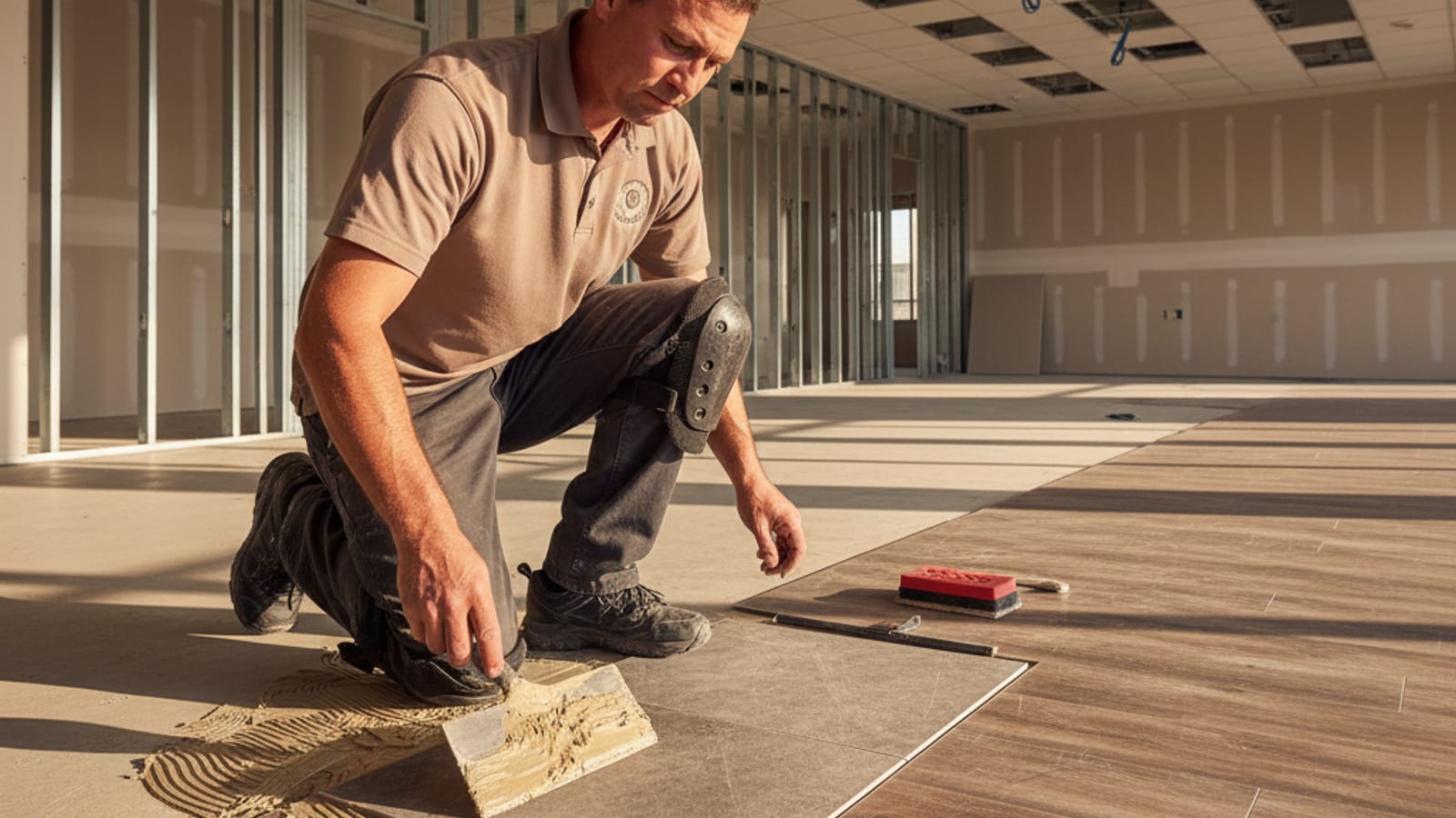 Commercial-grade luxury vinyl tile being installed in a San Diego office tenant improvement