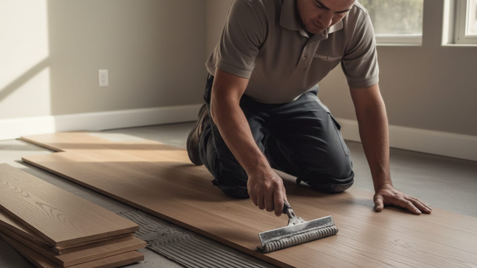Wide-plank European oak engineered hardwood being glued down on a slab