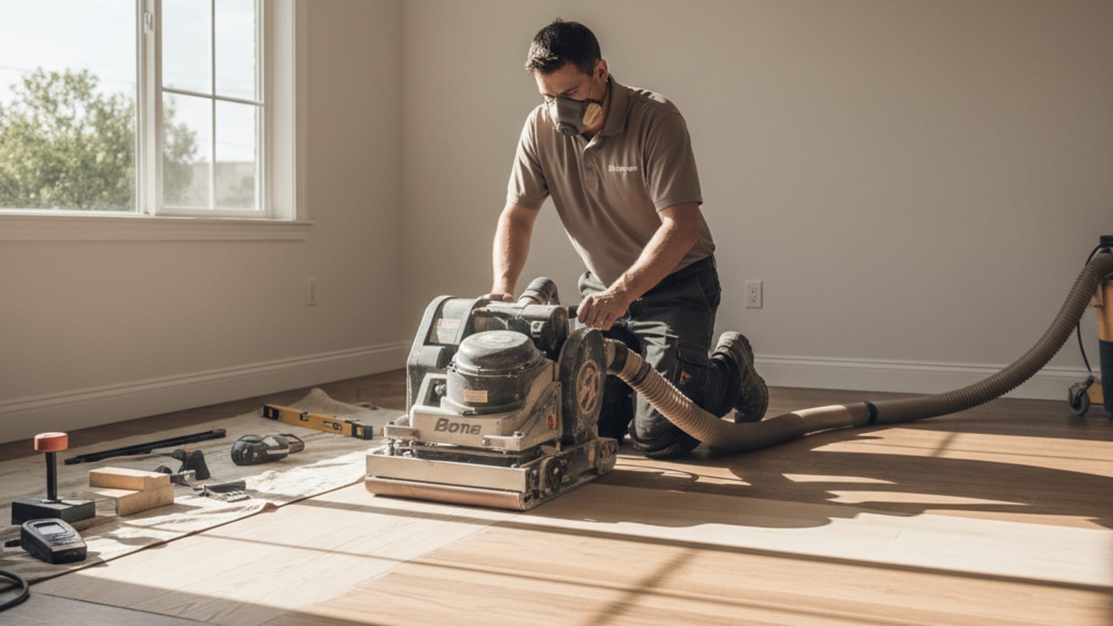Drum sander running across an old oak floor in a San Diego home with dust containment