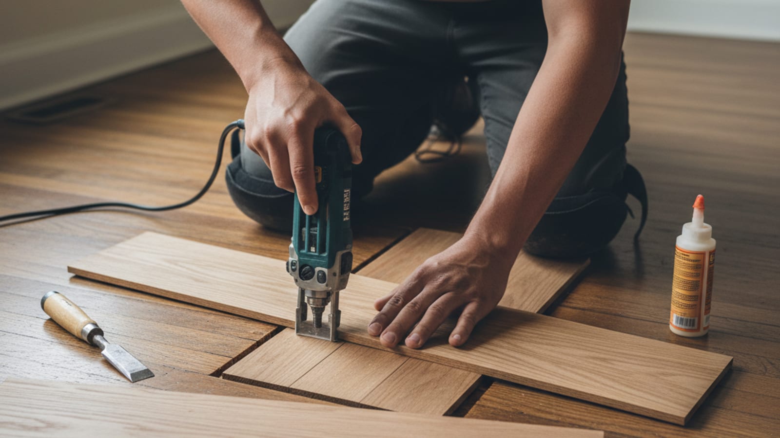 Hardwood floor board replacement using matching white oak with the patch nearly invisible