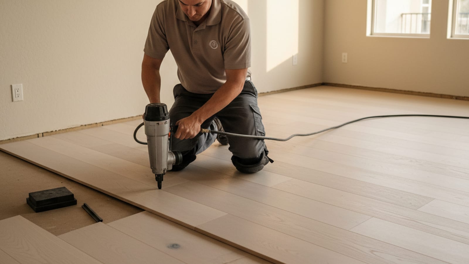 Wide-plank white oak hardwood being nailed down in a San Diego living room