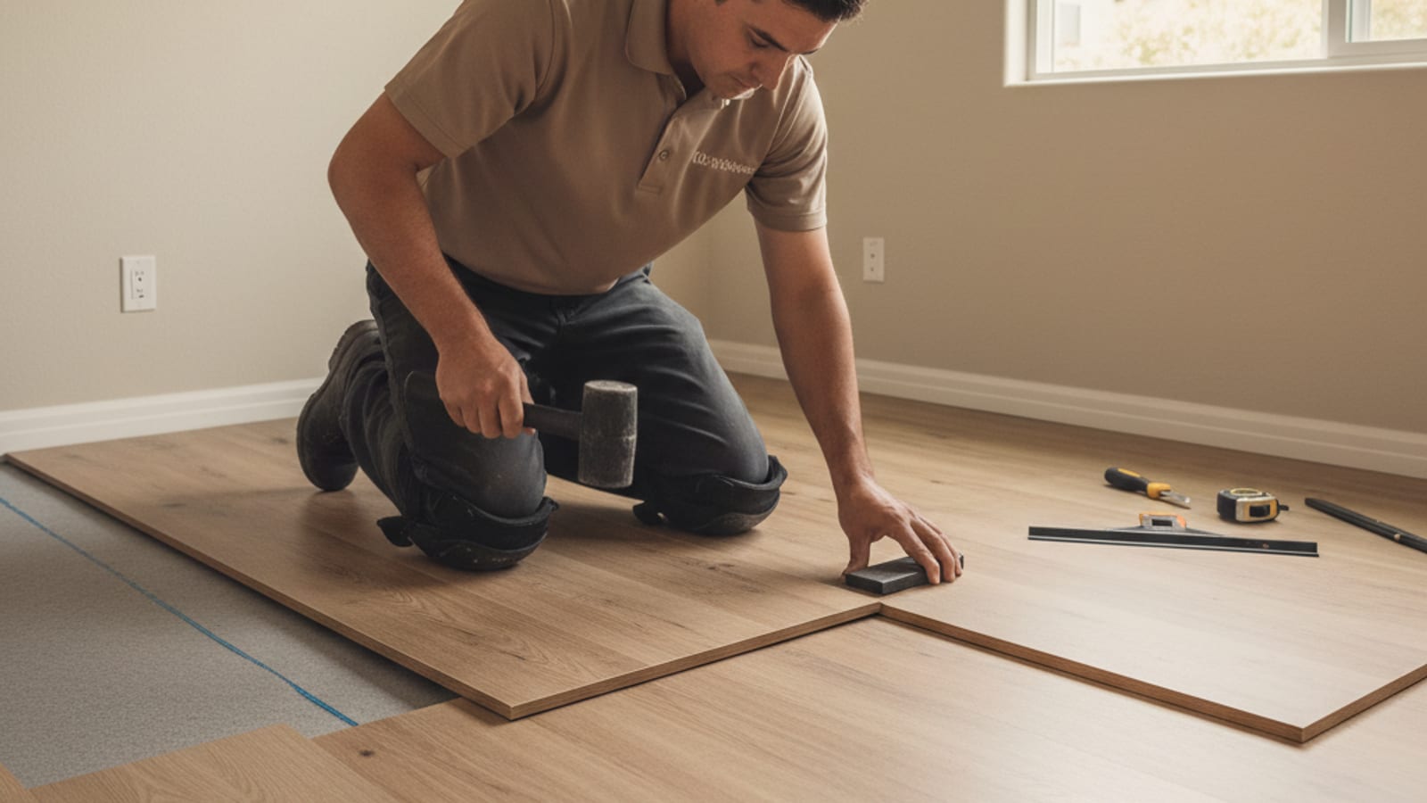 Wide-plank laminate flooring being click-locked over moisture barrier in a bedroom
