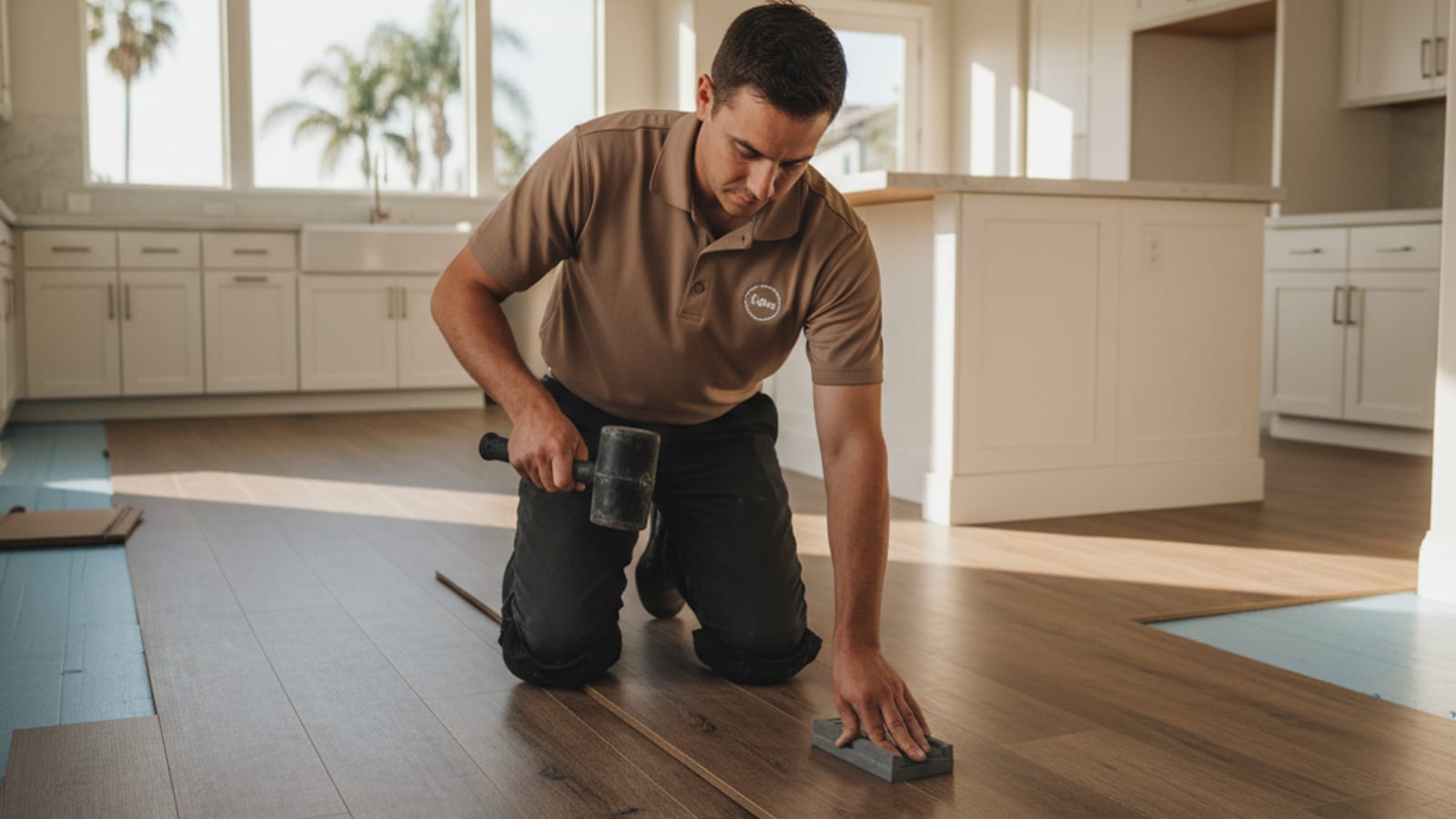 Wide-plank luxury vinyl plank flooring installed in an open-concept San Diego kitchen